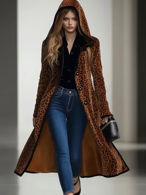 【24-hour shipping】Casual Loose Vintage Velvet Leopard Print Black Trim Hooded Long Coat