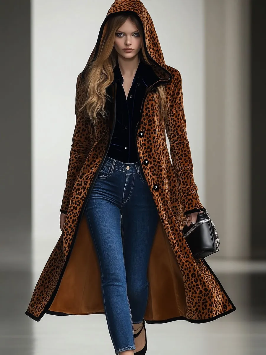 【24-hour shipping】Casual Loose Vintage Velvet Leopard Print Black Trim Hooded Long Coat