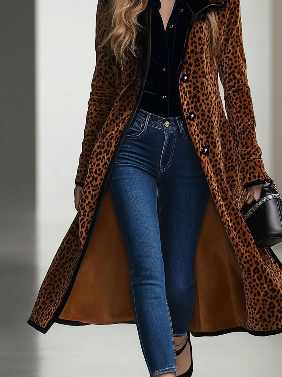 【24-hour shipping】Casual Loose Vintage Velvet Leopard Print Black Trim Hooded Long Coat