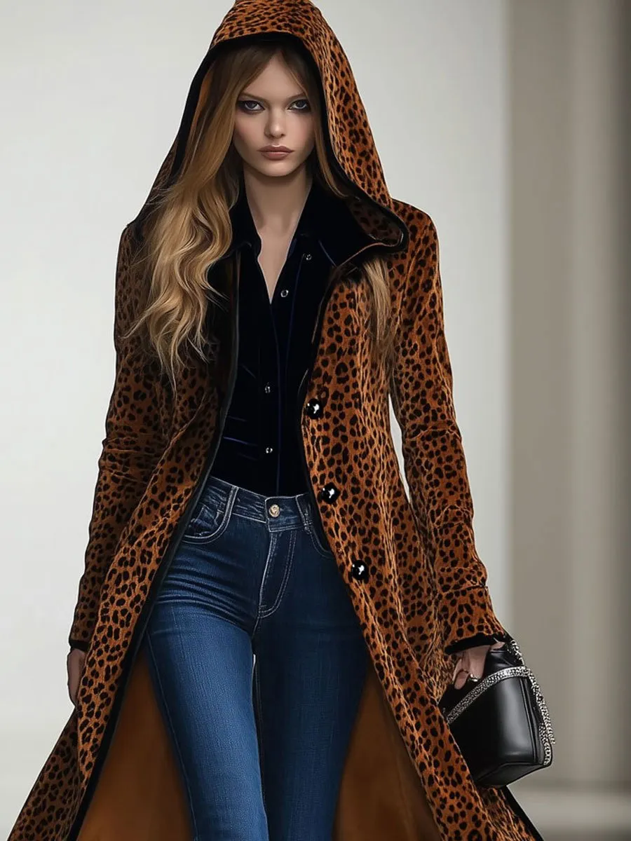 【24-hour shipping】Casual Loose Vintage Velvet Leopard Print Black Trim Hooded Long Coat