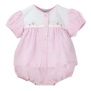 93103-Hand Embroidered Baby Girl Bubble Romper - Pink Gingham