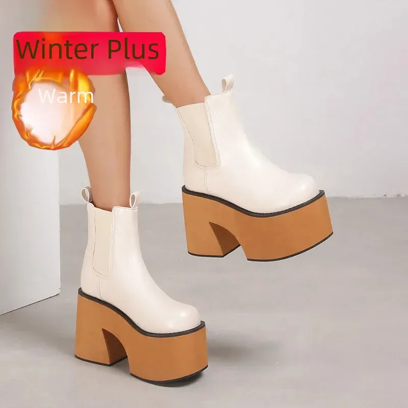 Amozae-11cm Thick Heel Women's Boots Punk Style Pu Outsole Rubber Upper Material Winter Season Round Head Four Seasons Boots