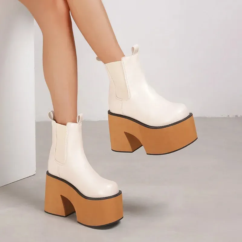 Amozae-11cm Thick Heel Women's Boots Punk Style Pu Outsole Rubber Upper Material Winter Season Round Head Four Seasons Boots