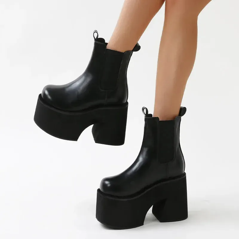 Amozae-11cm Thick Heel Women's Boots Punk Style Pu Outsole Rubber Upper Material Winter Season Round Head Four Seasons Boots