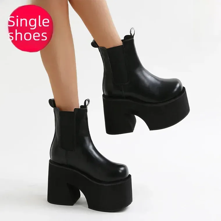 Amozae-11cm Thick Heel Women's Boots Punk Style Pu Outsole Rubber Upper Material Winter Season Round Head Four Seasons Boots