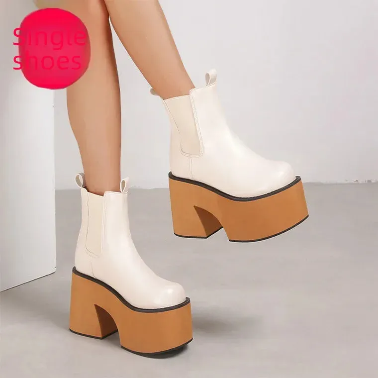 Amozae-11cm Thick Heel Women's Boots Punk Style Pu Outsole Rubber Upper Material Winter Season Round Head Four Seasons Boots