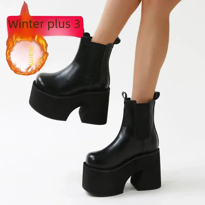 Amozae-11cm Thick Heel Women's Boots Punk Style Pu Outsole Rubber Upper Material Winter Season Round Head Four Seasons Boots