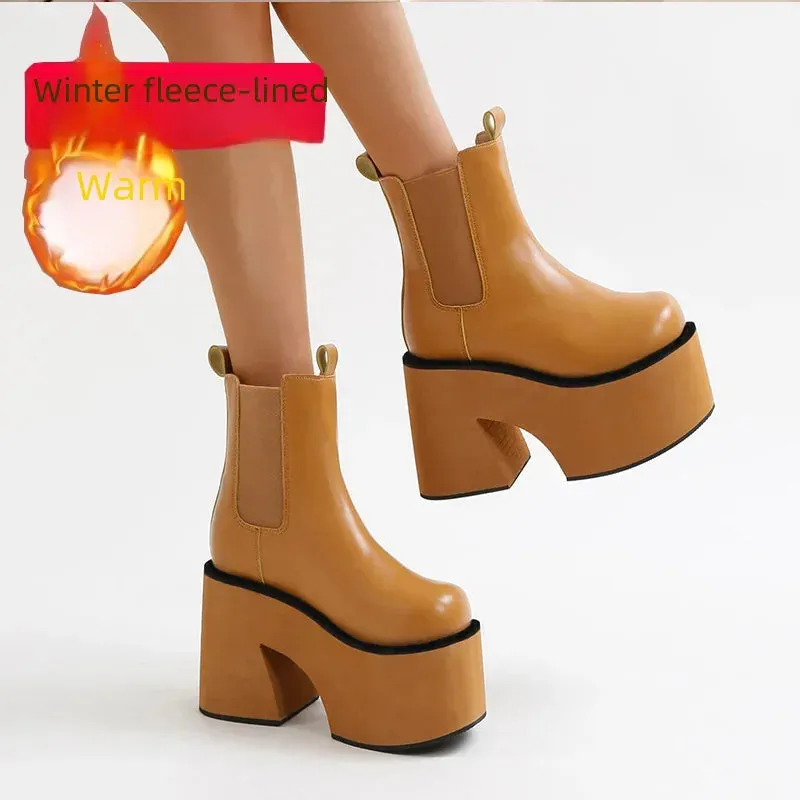 Amozae-11cm Thick Heel Women's Boots Punk Style Pu Outsole Rubber Upper Material Winter Season Round Head Four Seasons Boots