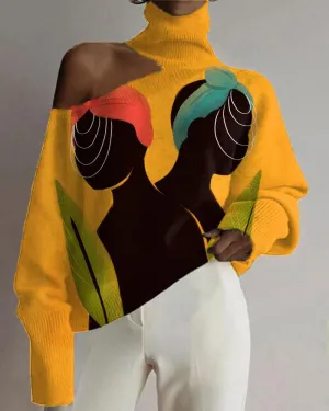Black Art Girl Color Matching Personality Print Cutout High Neck Top