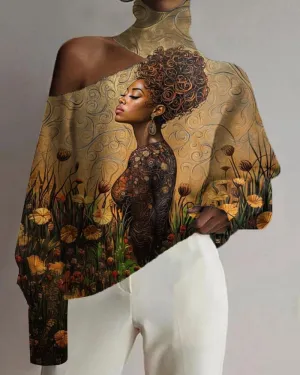 Black Girl Flower Oil Painting Vintage Print Cutout Shoulder High Neck Top