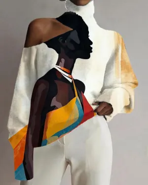 Black Girl Geometric Oil Painting Art Color Matching Print Off-shoulder Top