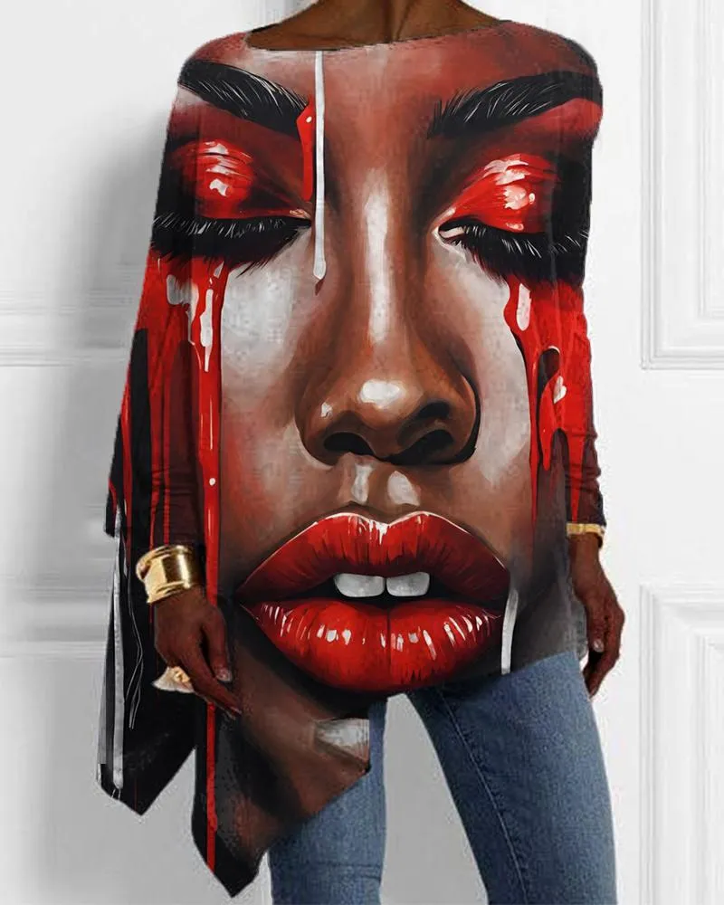 Black Girl Tears Print Irregular Ladies Top