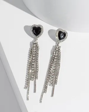 Black Heart Crystal Tassel Earrings