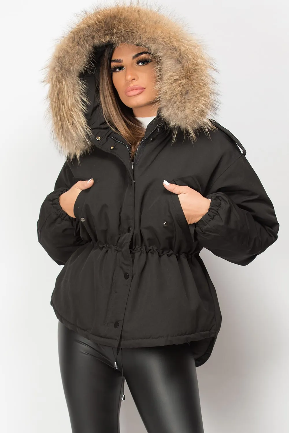 Black Natural Fur Hooded Parka Coat