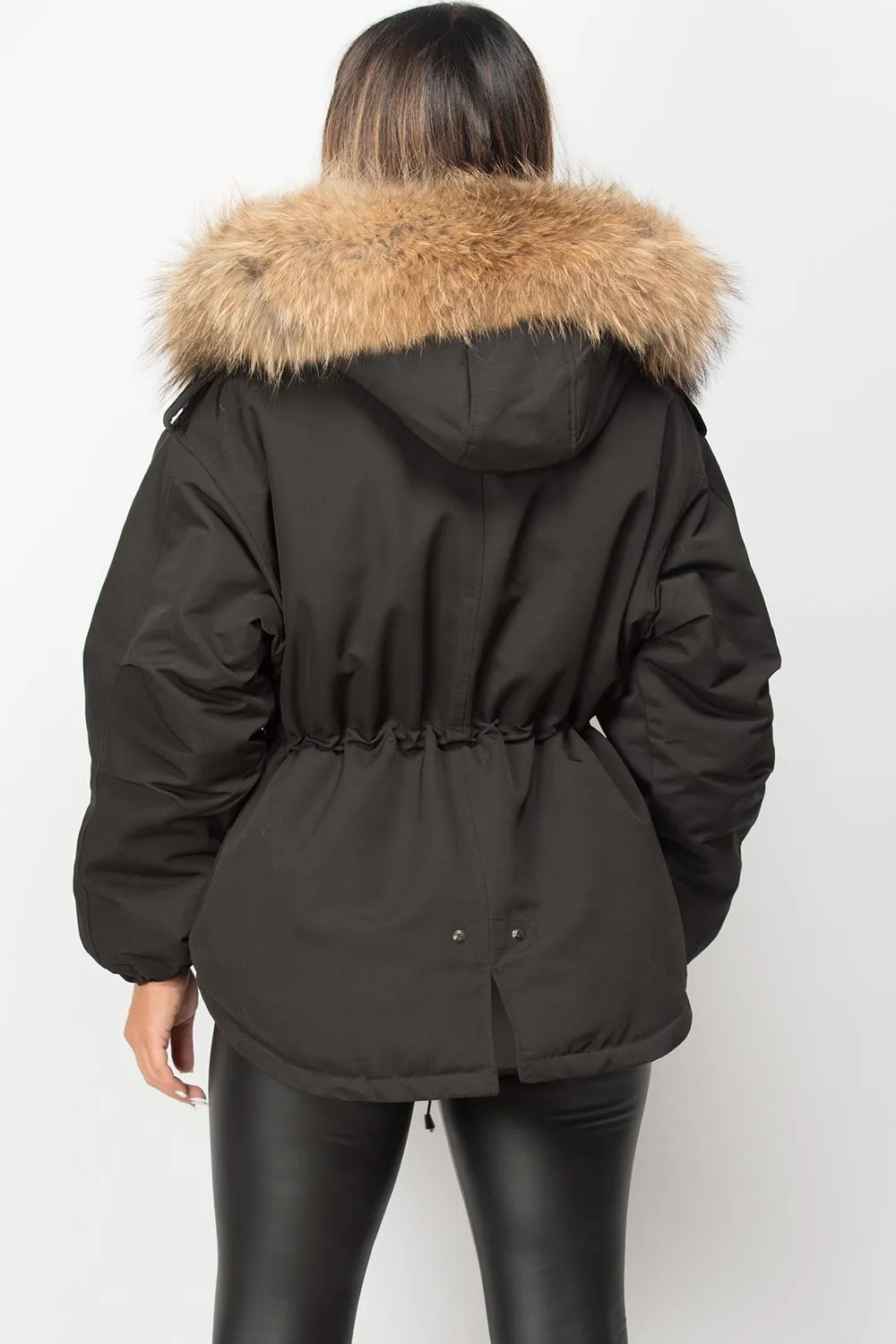 Black Natural Fur Hooded Parka Coat