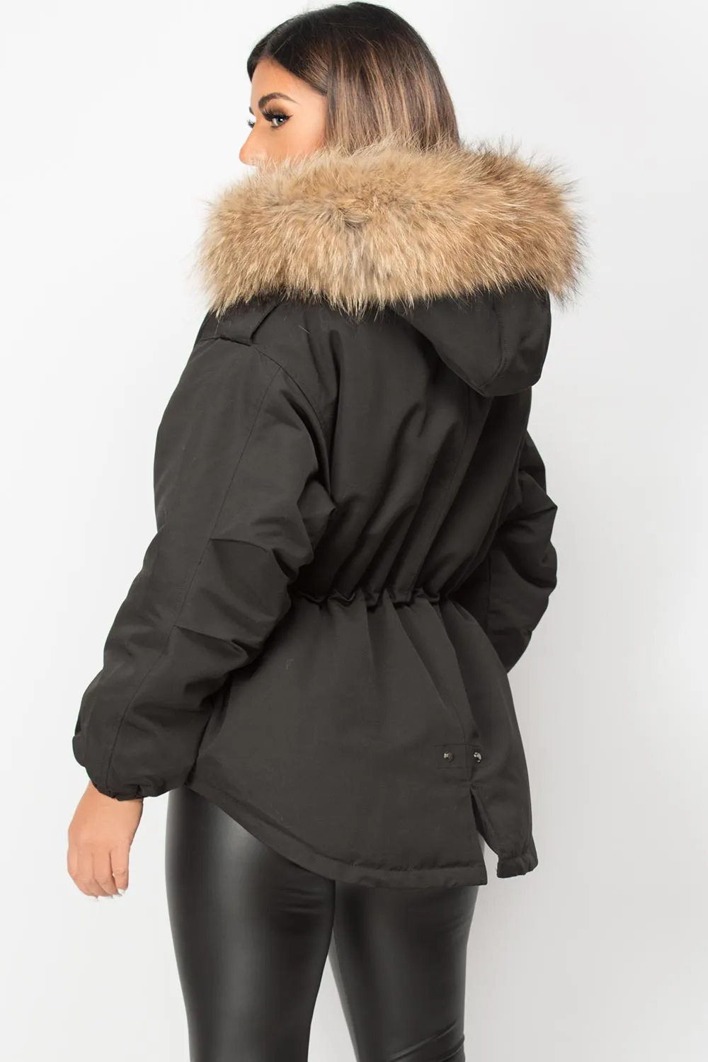Black Natural Fur Hooded Parka Coat