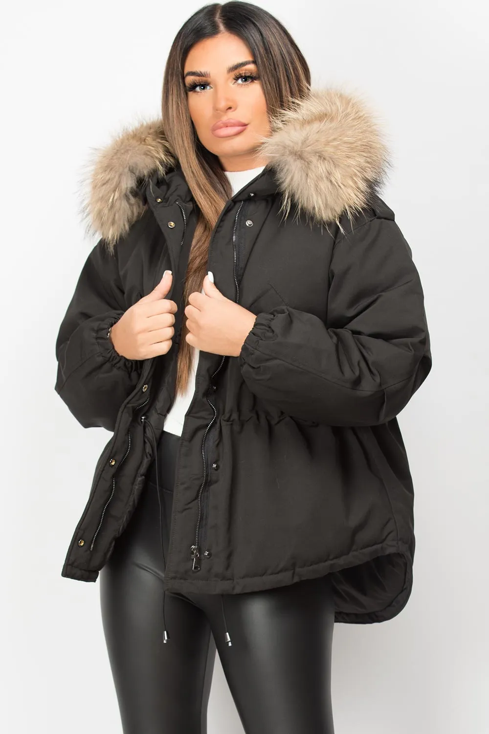 Black Natural Fur Hooded Parka Coat