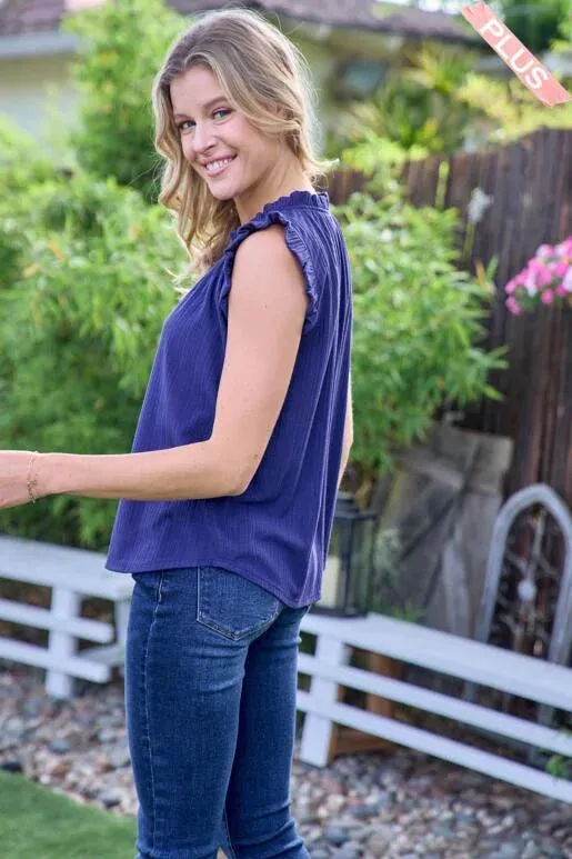 Breezy Blue Rib Knit Short Sleeve Top with Ruffles