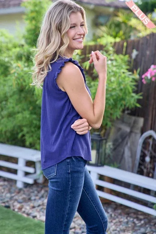 Breezy Blue Rib Knit Short Sleeve Top with Ruffles