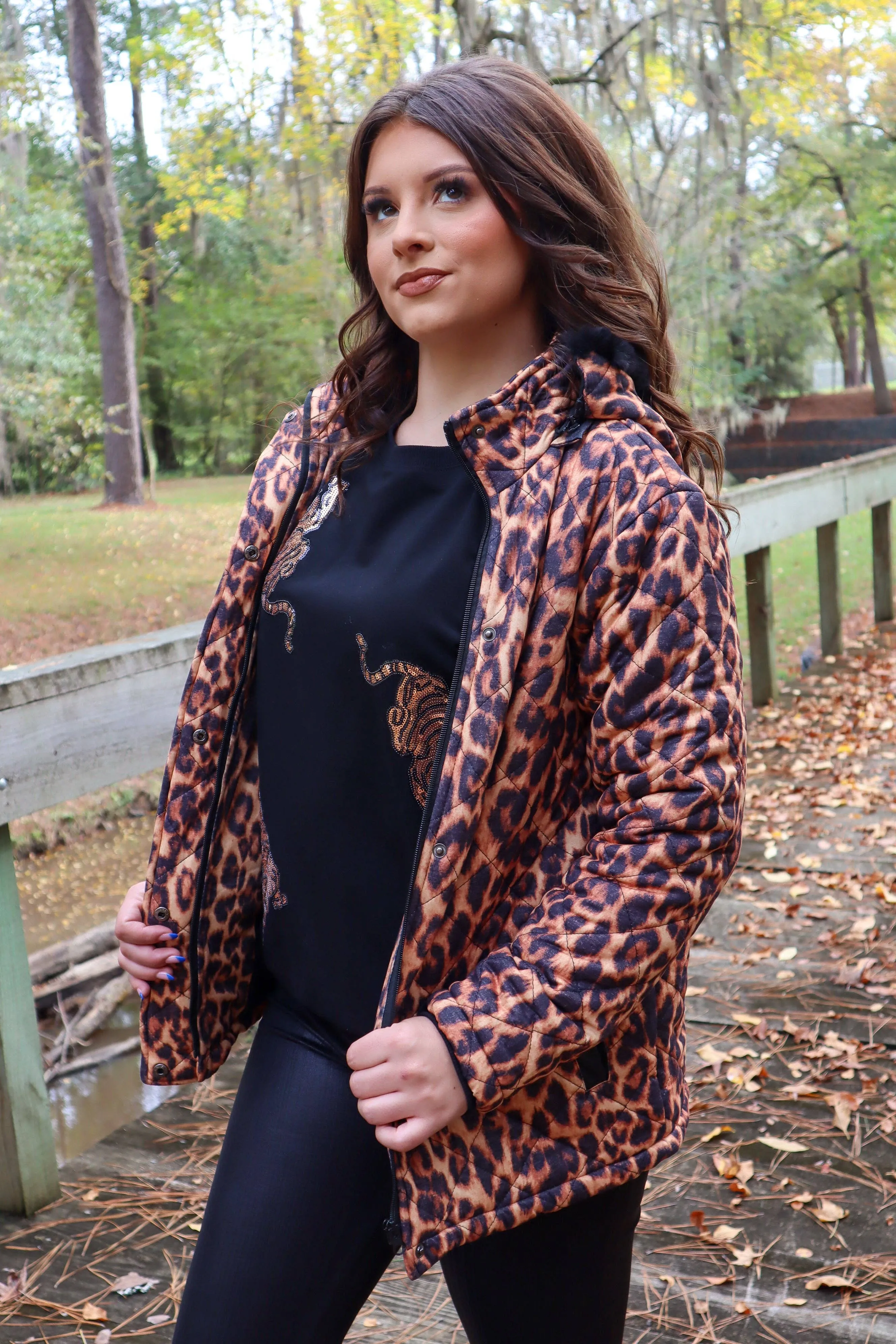 Carolina Fur Trimmed Quilted Jacket - Leopard Print