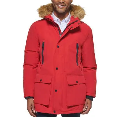 Club Room Mens Parka Coat XL Red Fur Trim Solid
