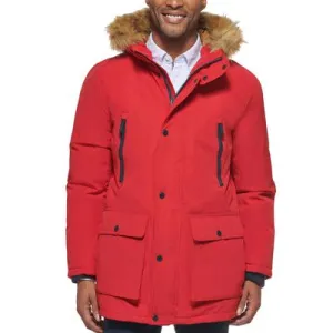 Club Room Mens Parka Coat XL Red Fur Trim Solid
