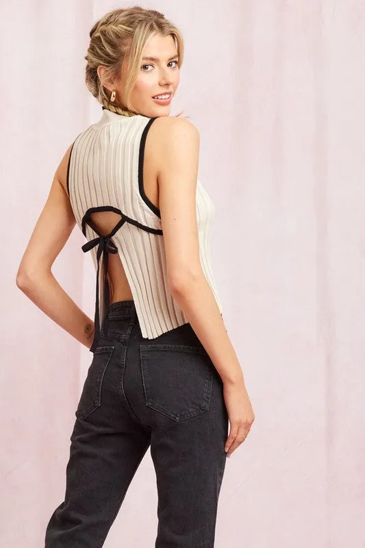 Contrast Knitted Tie Mock-Neck Top