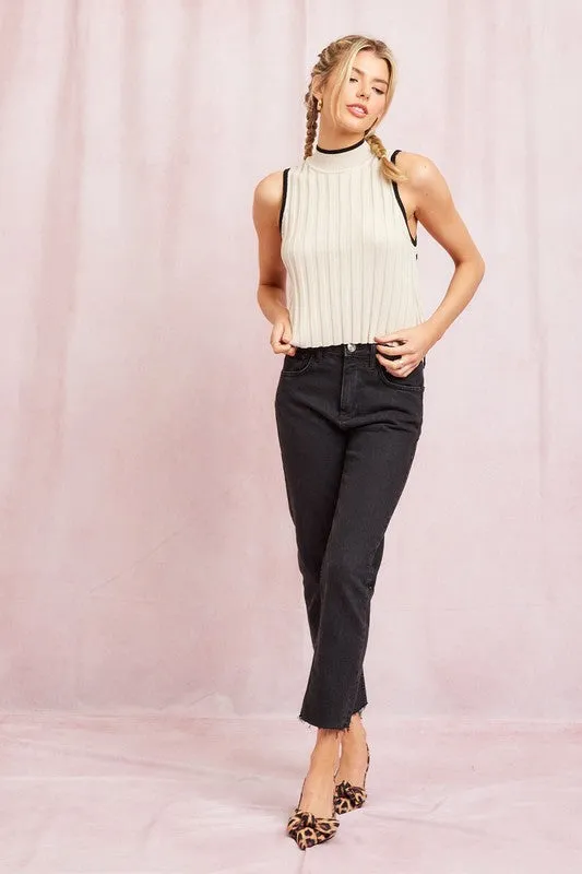 Contrast Knitted Tie Mock-Neck Top