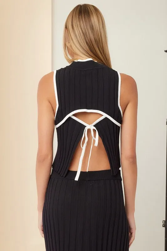 Contrast Knitted Tie Mock-Neck Top