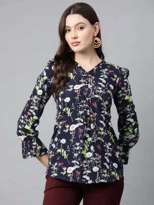 Cottinfab Floral Print Bell Sleeves Crepe Longline Top