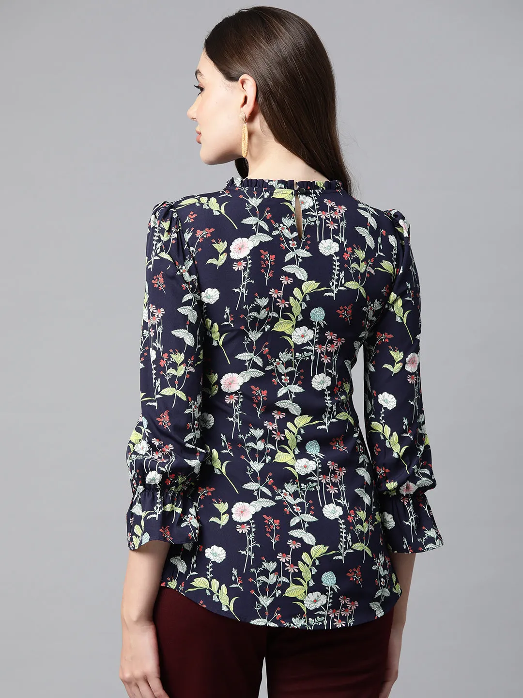 Cottinfab Floral Print Bell Sleeves Crepe Longline Top