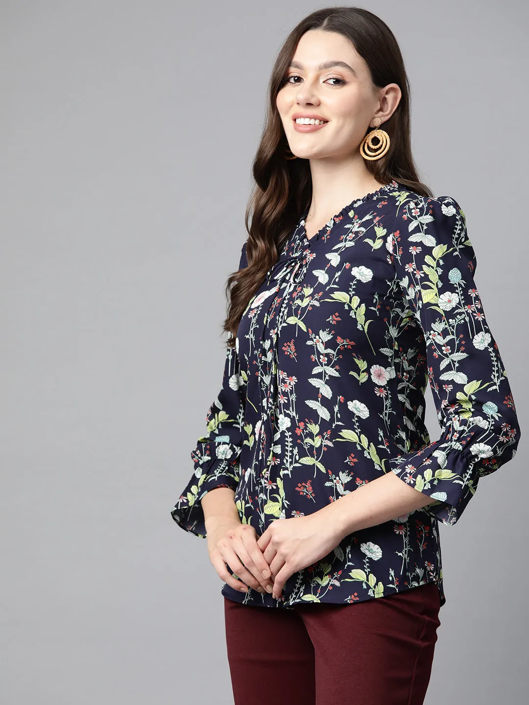Cottinfab Floral Print Bell Sleeves Crepe Longline Top