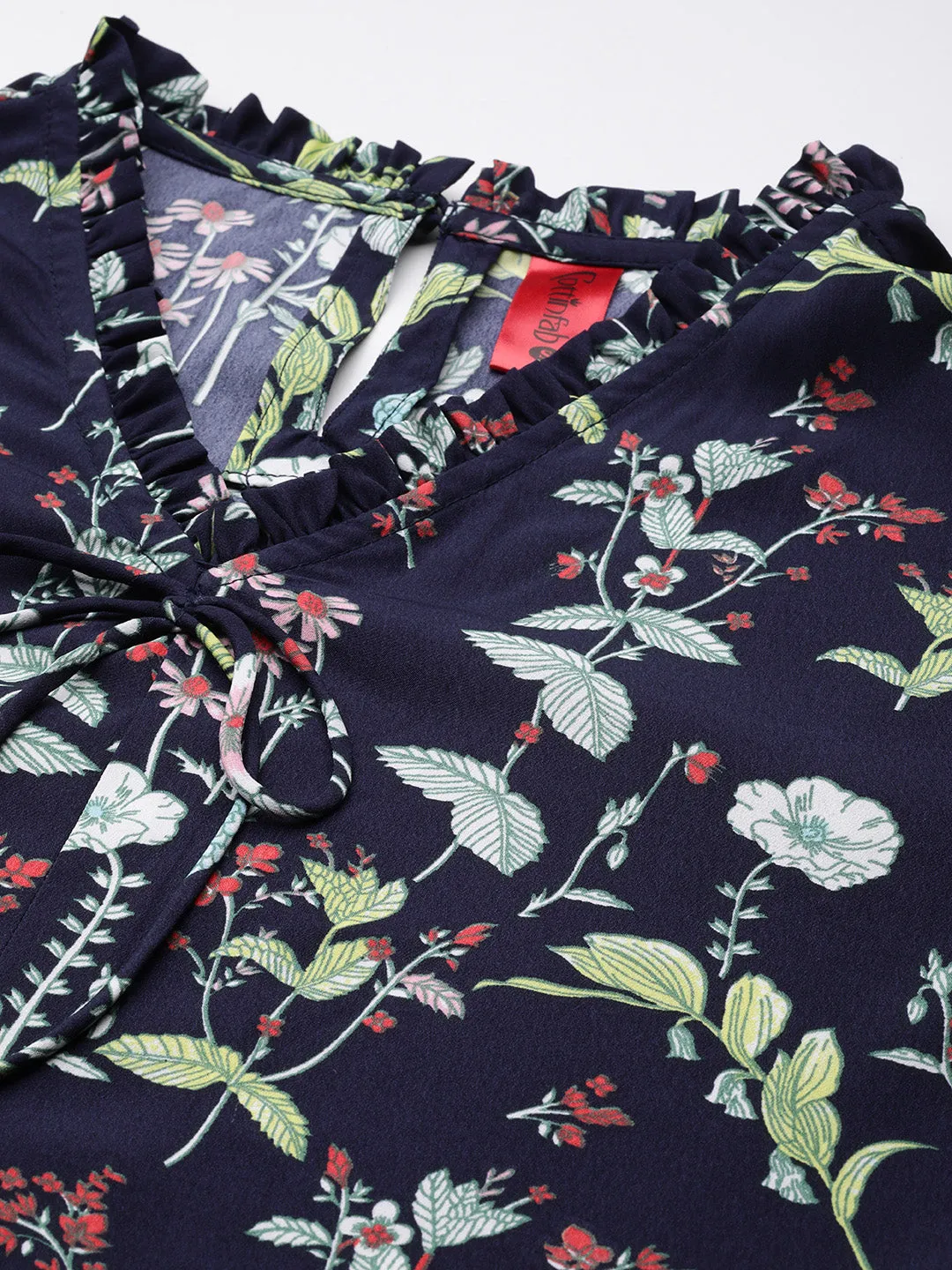 Cottinfab Floral Print Bell Sleeves Crepe Longline Top