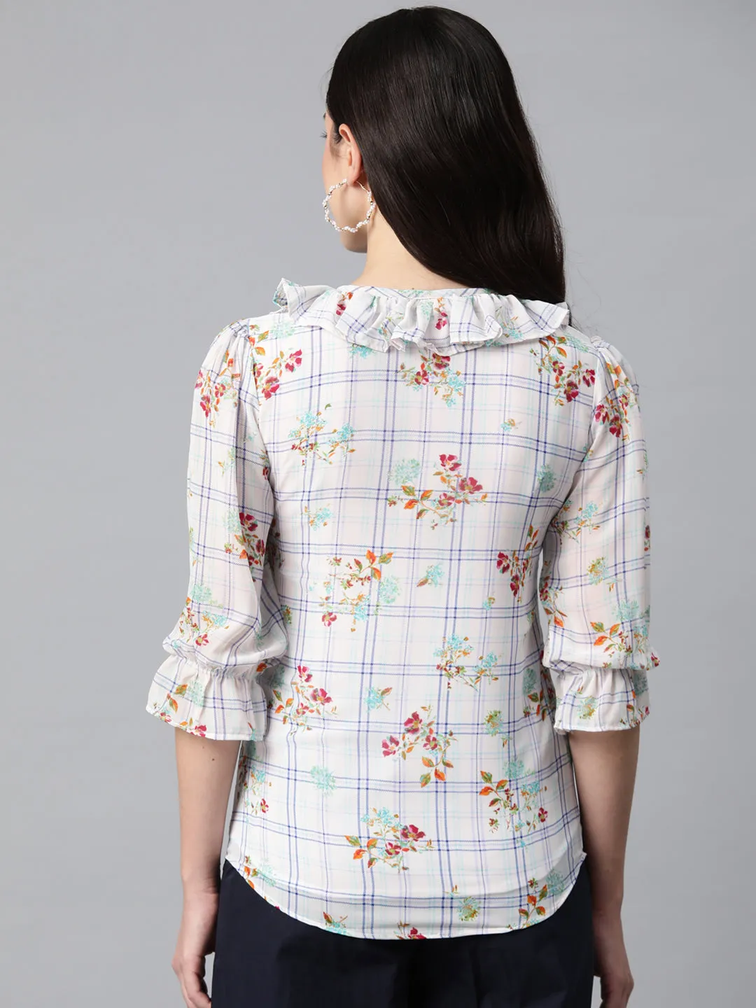Cottinfab Floral Print Tie-Up Neck Puff Sleeve Ruffles Georgette Top