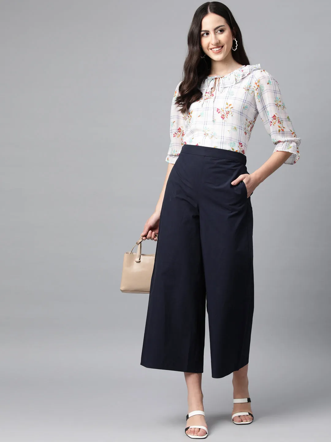Cottinfab Floral Print Tie-Up Neck Puff Sleeve Ruffles Georgette Top