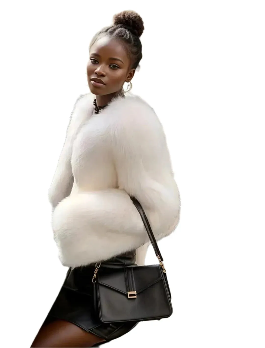 Elegant Black Imitation Fox Fur Jacket – Classic Warm Coat for Fashion-Forward Women