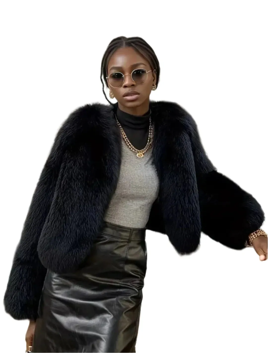 Elegant Black Imitation Fox Fur Jacket – Classic Warm Coat for Fashion-Forward Women