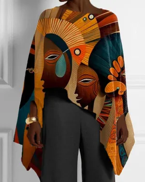 Ethnic Style Black Art Print Irregular Cape Top