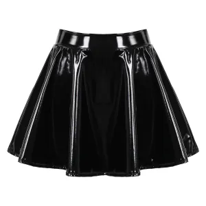 Glossy Patent Leather Flared Mini Skirt