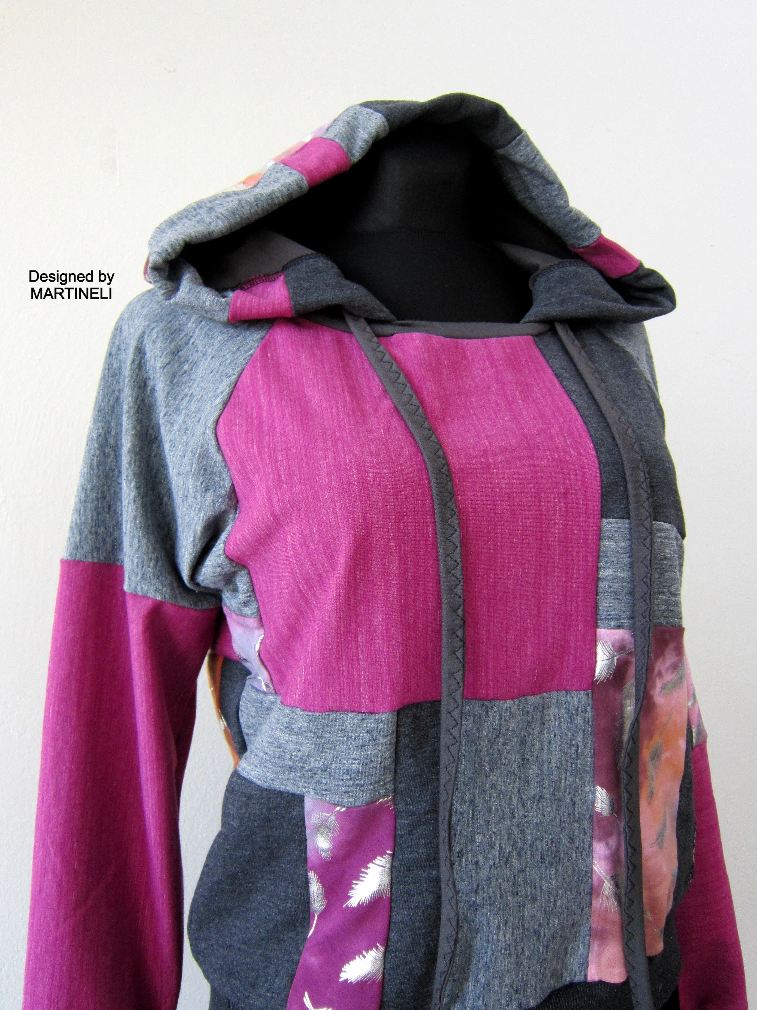 Gray Patchwork Hoodie M/L Boho Chic Hooded Top