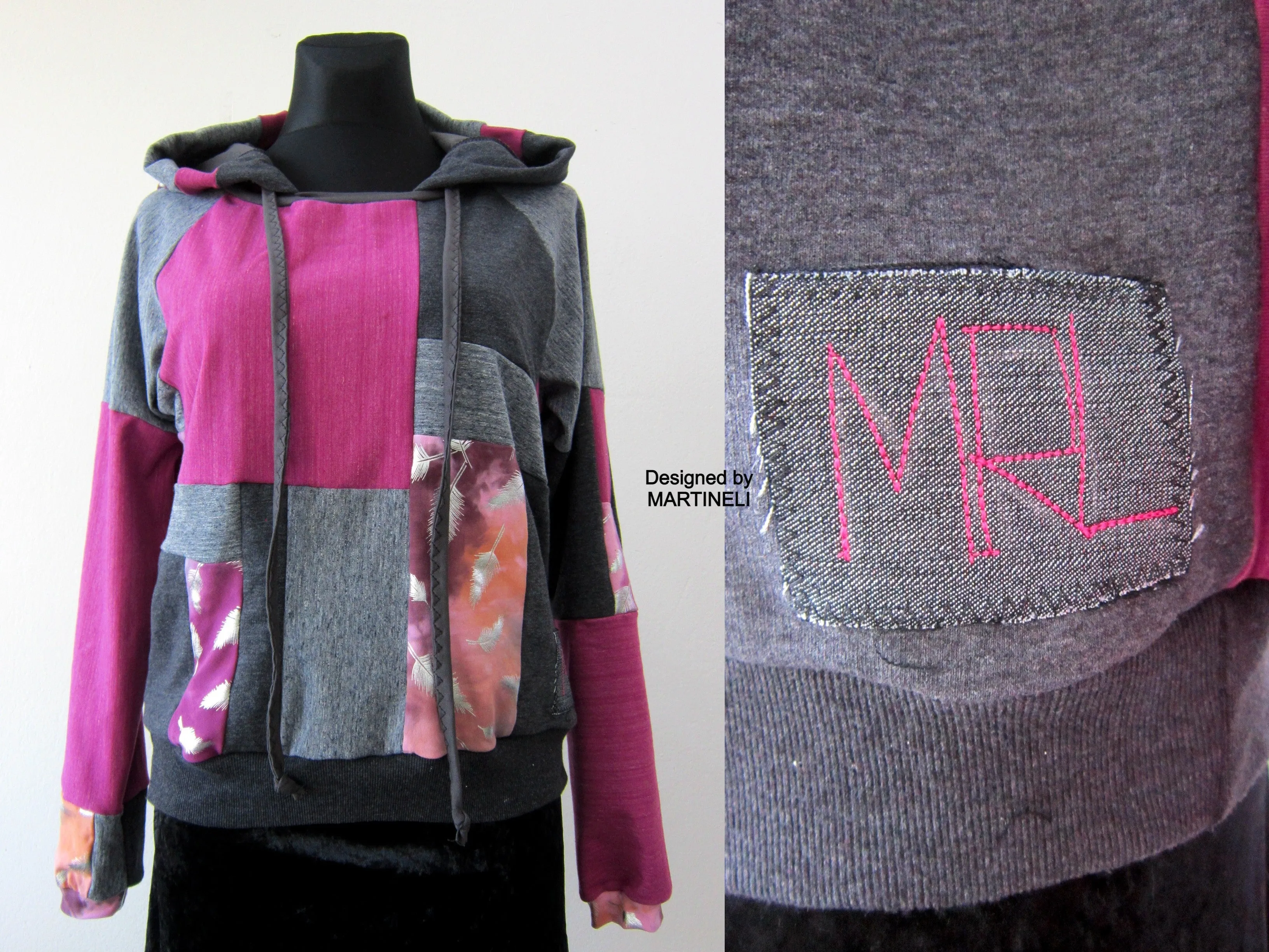 Gray Patchwork Hoodie M/L Boho Chic Hooded Top