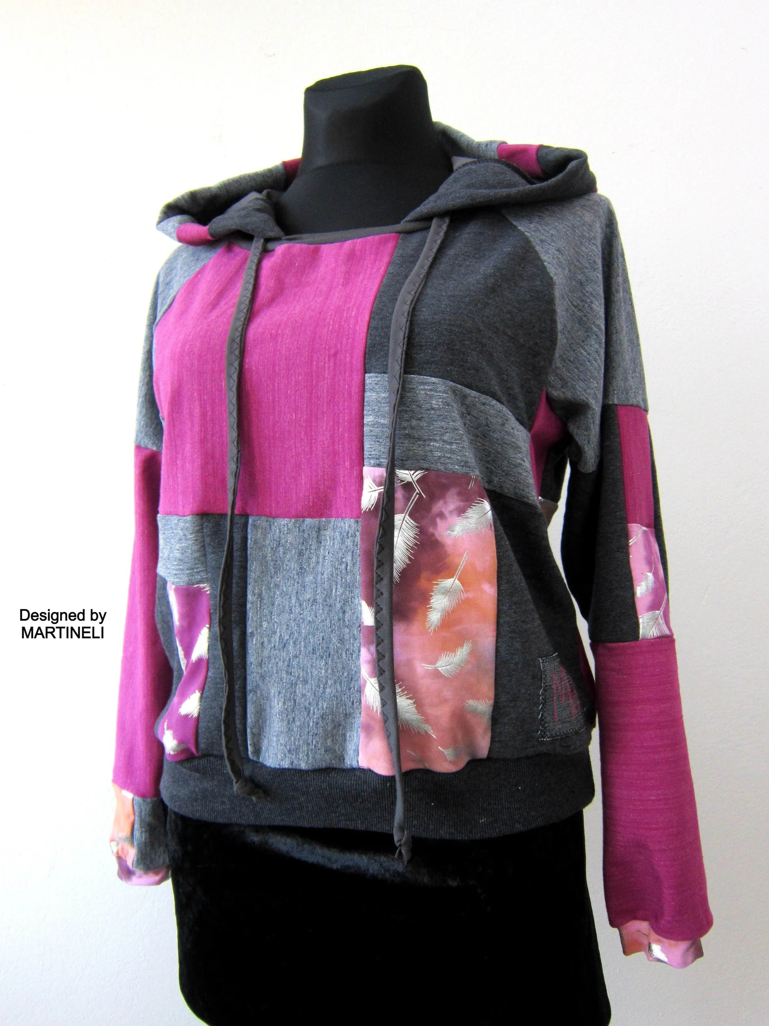 Gray Patchwork Hoodie M/L Boho Chic Hooded Top