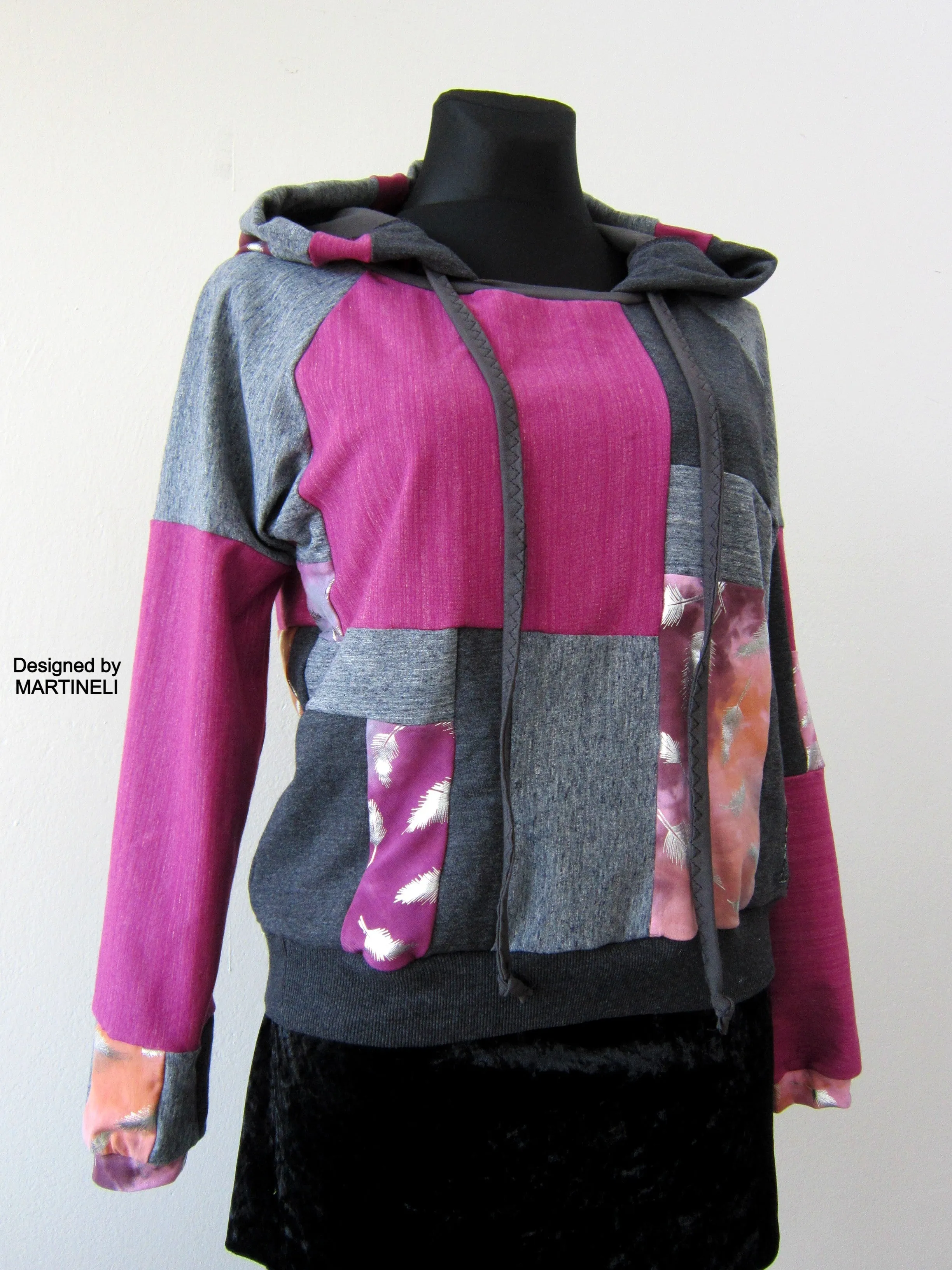 Gray Patchwork Hoodie M/L Boho Chic Hooded Top