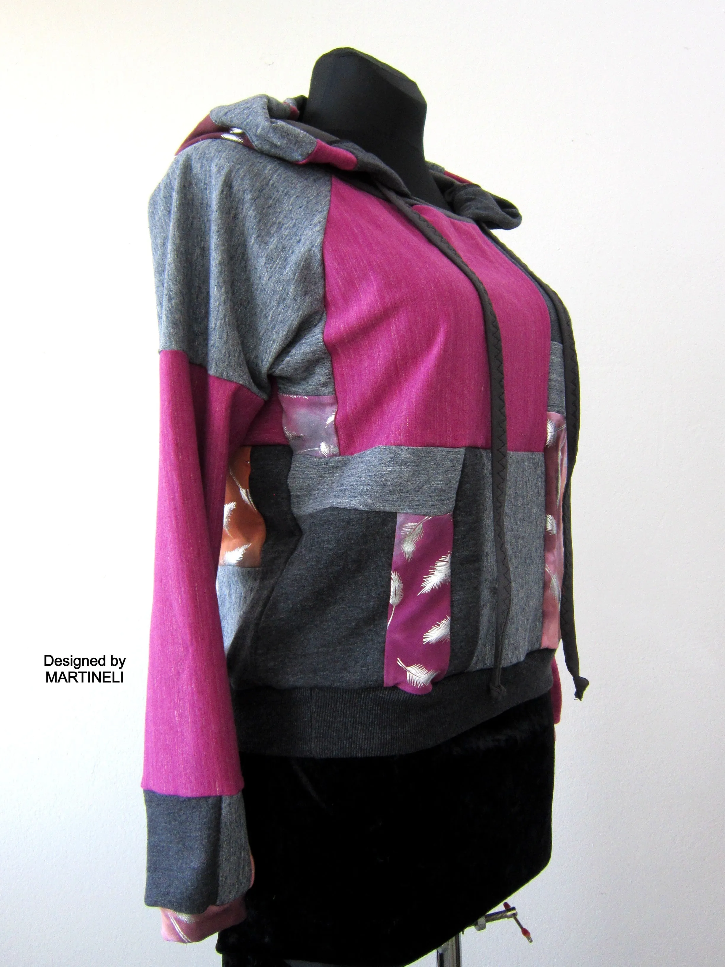 Gray Patchwork Hoodie M/L Boho Chic Hooded Top