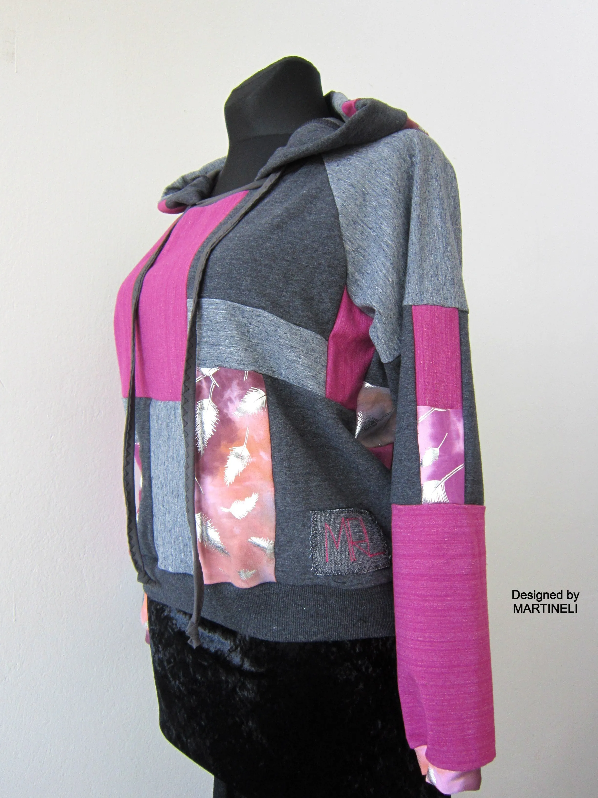 Gray Patchwork Hoodie M/L Boho Chic Hooded Top