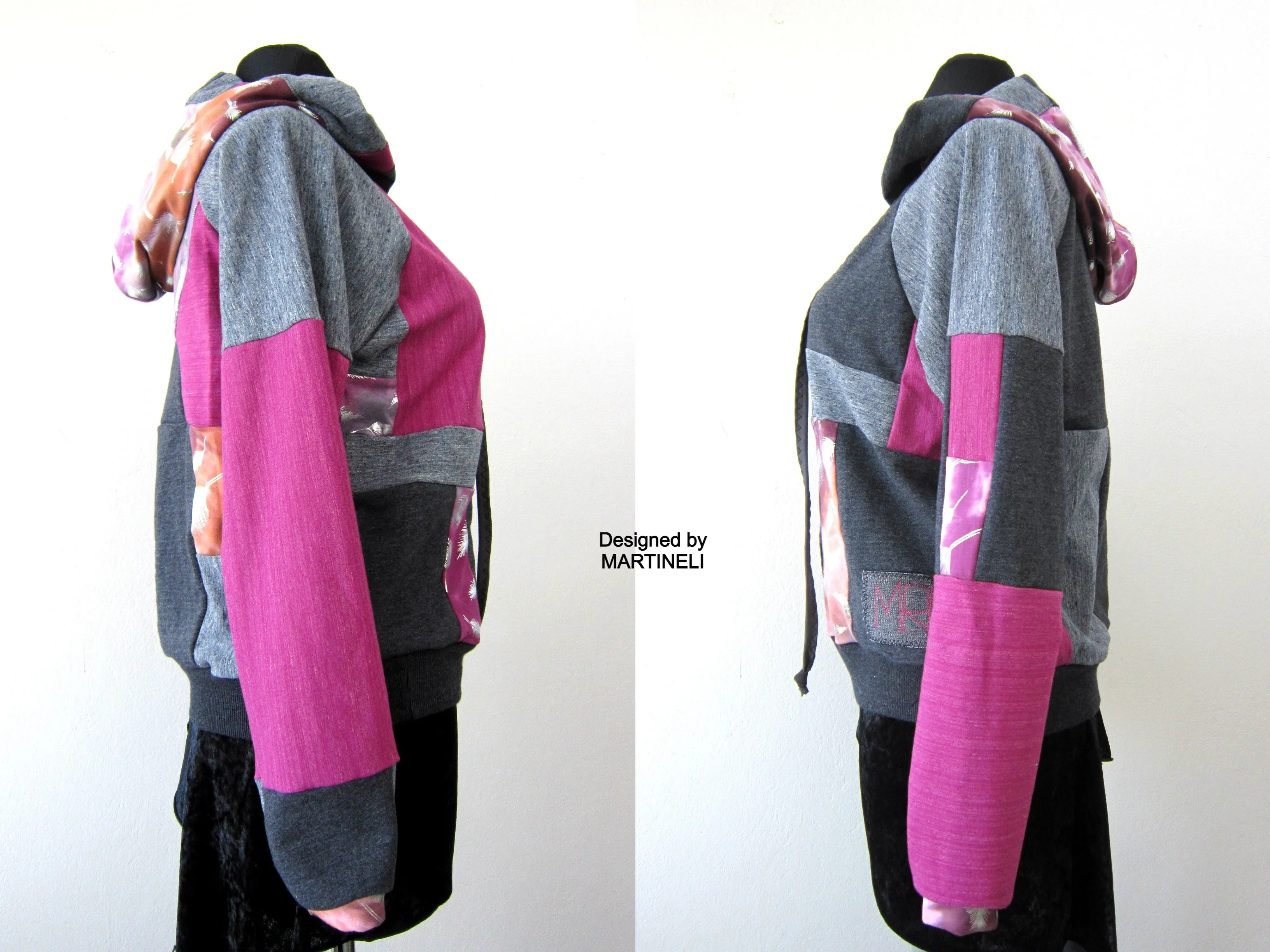 Gray Patchwork Hoodie M/L Boho Chic Hooded Top