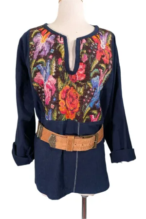 Indigo Hand Embroidered Ethnic Boho Peasant Top M/L
