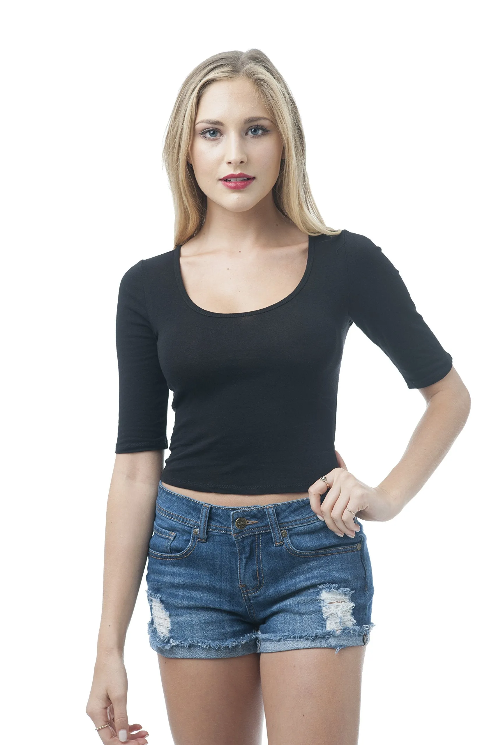 Khanomak Scoop Neck Half Sleeve Crop Top