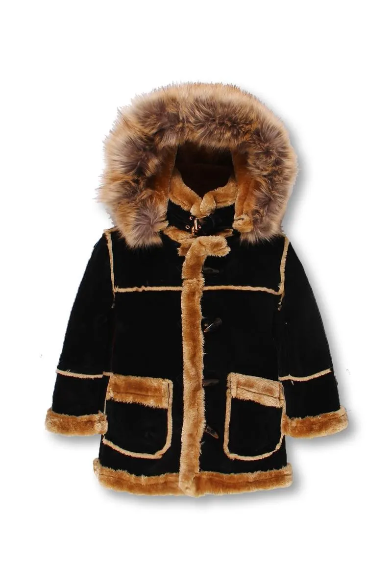 Kids Outerwear Mink Fur-Lined Coat W/Fur Hood-Black/Khaki