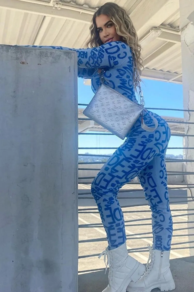 Letter Print Long Sleeve High Waist Legging Set